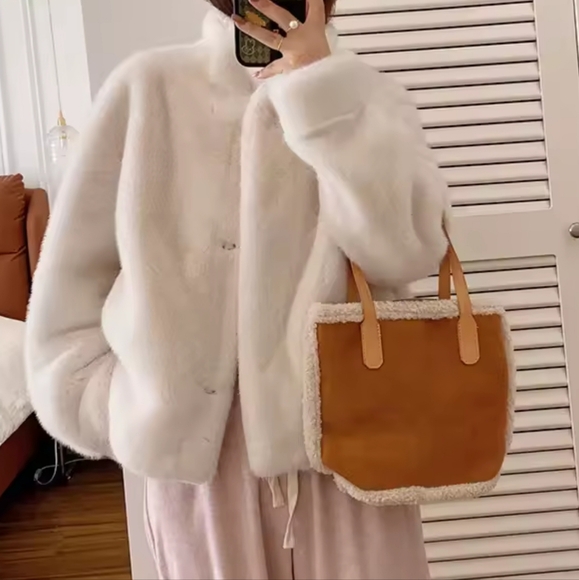 Women Faux Fur Coat, Mink Fur Integrated Short Stand Collar - Picture 11 of 13